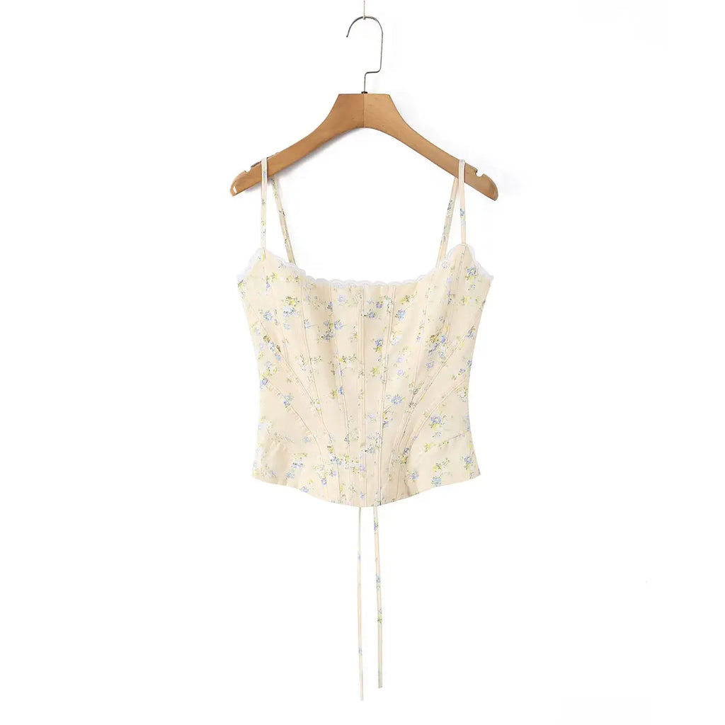 Sunlit Yellow Floral Corset Top With Lace Trim And Delicate Spaghetti Straps
