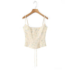 Sunlit Yellow Floral Corset Top With Lace Trim And Delicate Spaghetti Straps