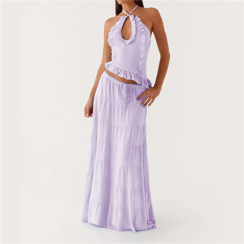 Two- piece Set With Ruched Maxi Skirt and Spaghetti Strap Halter Crop Top