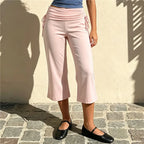 High-Waist Capri Pants With Fold-Over Waist Adjustable Drawstring Tie Detail