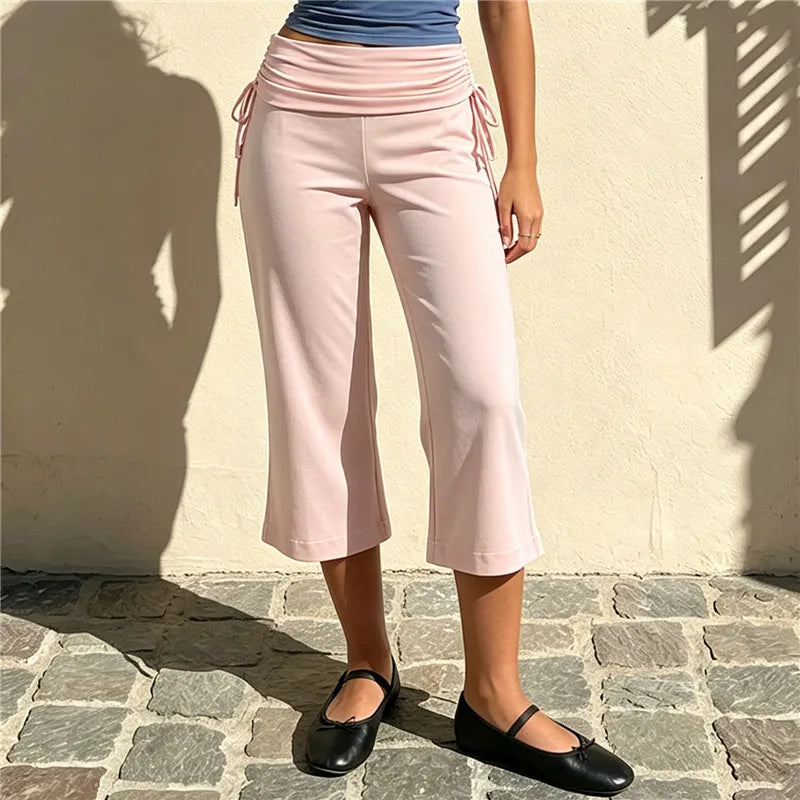 High-Waist Capri Pants With Fold-Over Waist Adjustable Drawstring Tie Detail
