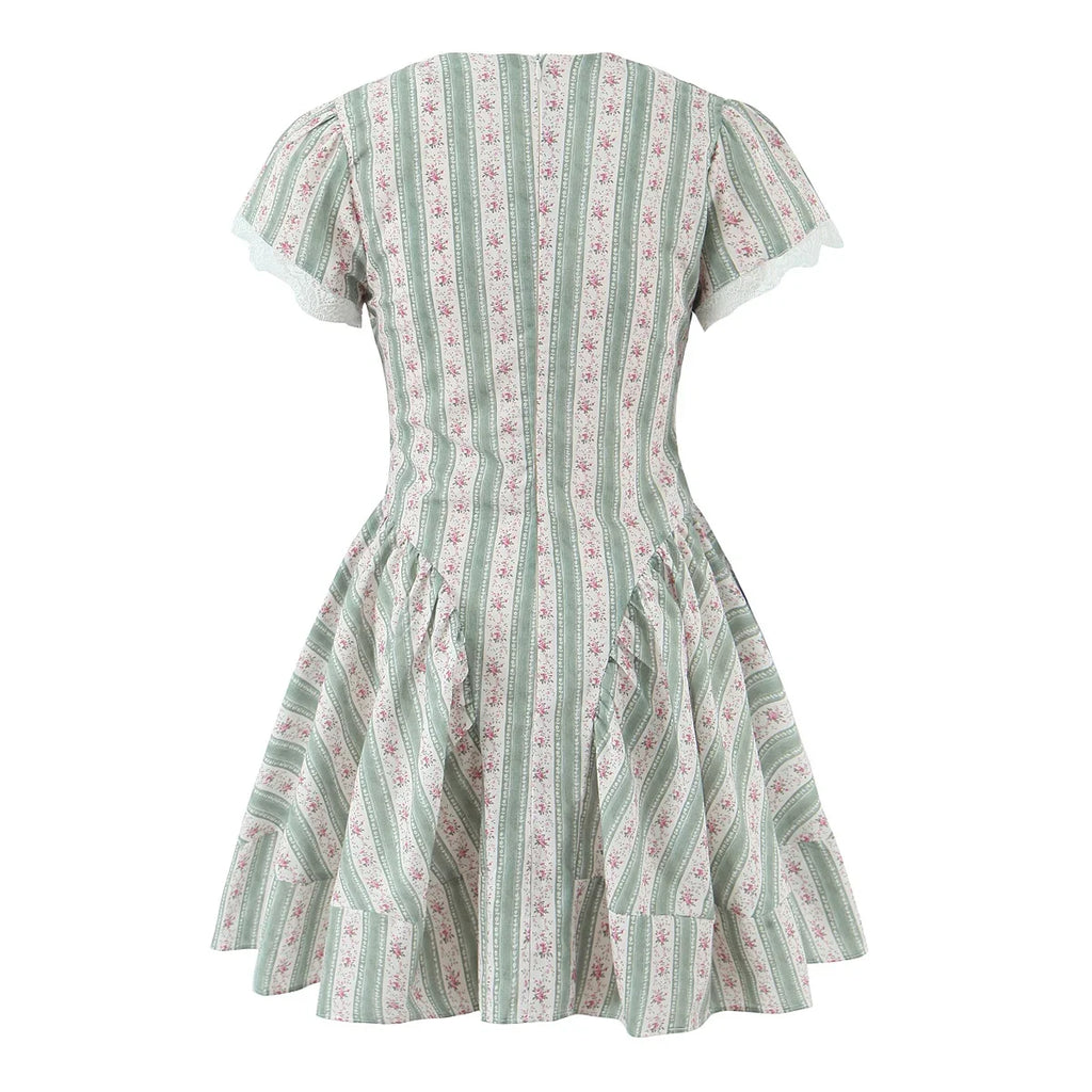 Green French Style Floral Sexy Mini Bohemian Women V-neck Striped Ruffles Dress