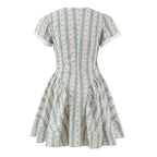 Green French Style Floral Sexy Mini Bohemian Women V-neck Striped Ruffles Dress