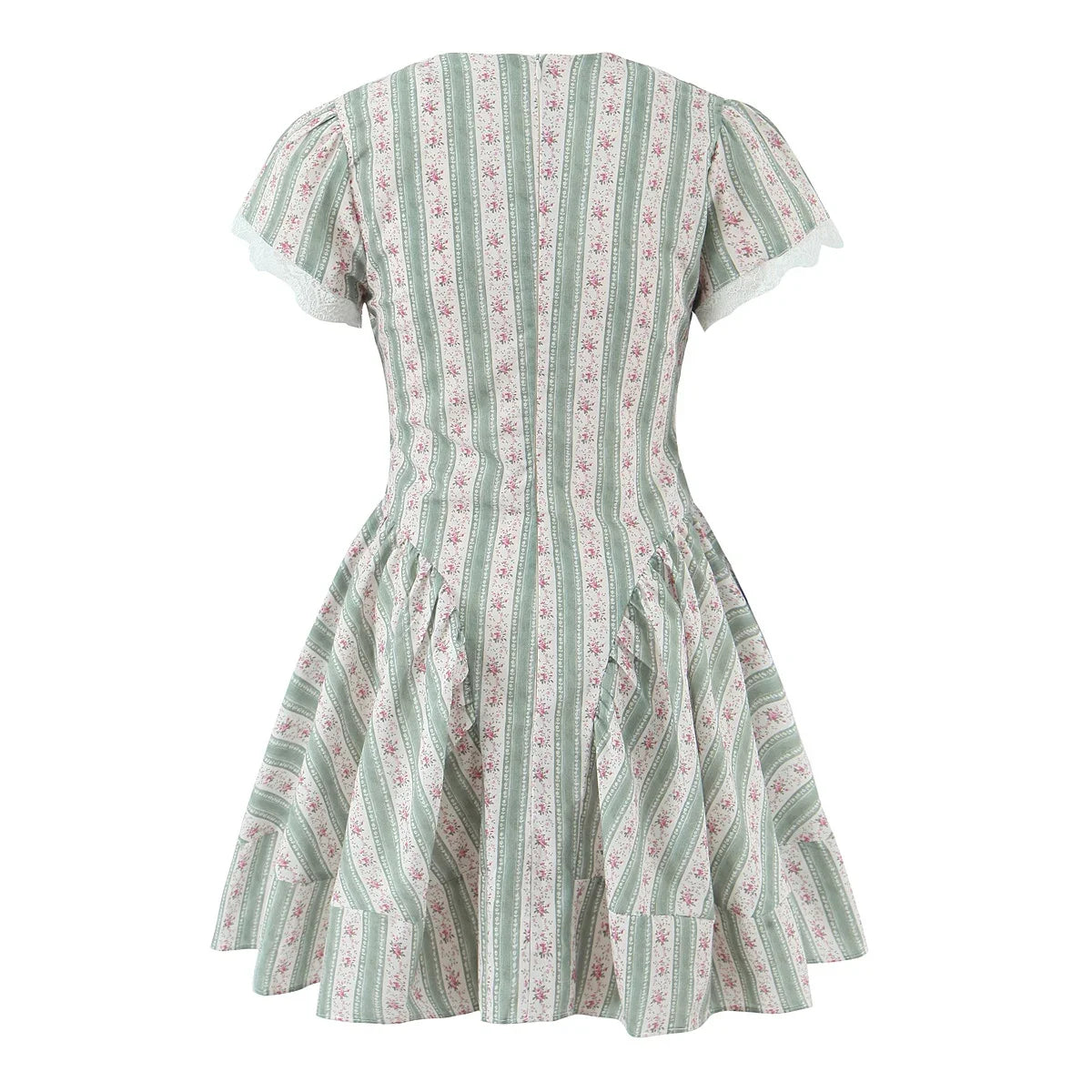 Green French Style Floral Sexy Mini Bohemian Women V-neck Striped Ruffles Dress