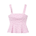 Pink Printed Pleated Backless Zipper Tops Vintage Straps Square Collar Camis Top