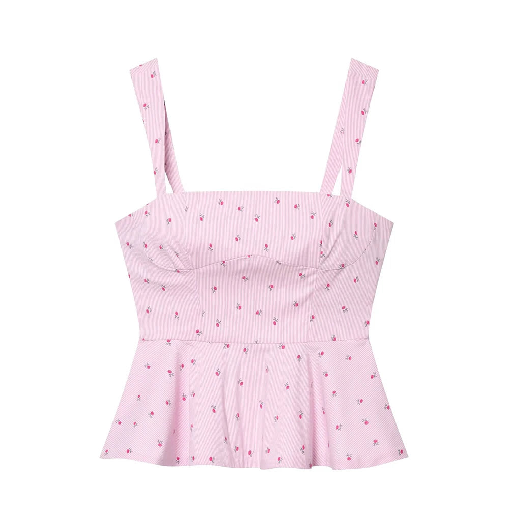 Pink Printed Pleated Backless Zipper Tops Vintage Straps Square Collar Camis Top