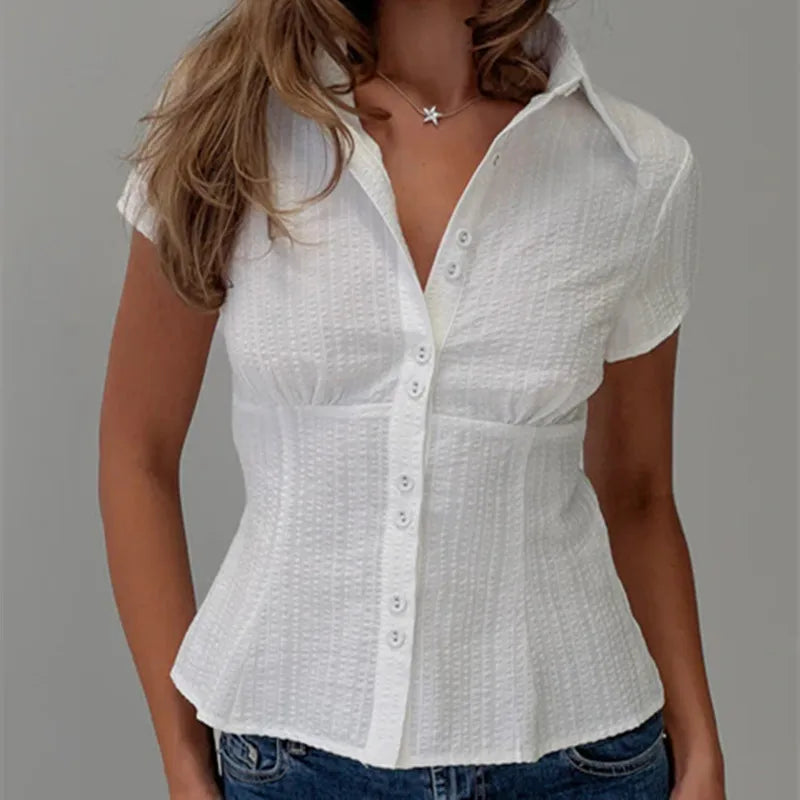 Vintage Plaid Button Down Shirt For Women Short Sleeve Blouse