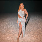 Sexy Sequin Hollow Out Knit Maxi Dress With One Shoulder Front Split Gown