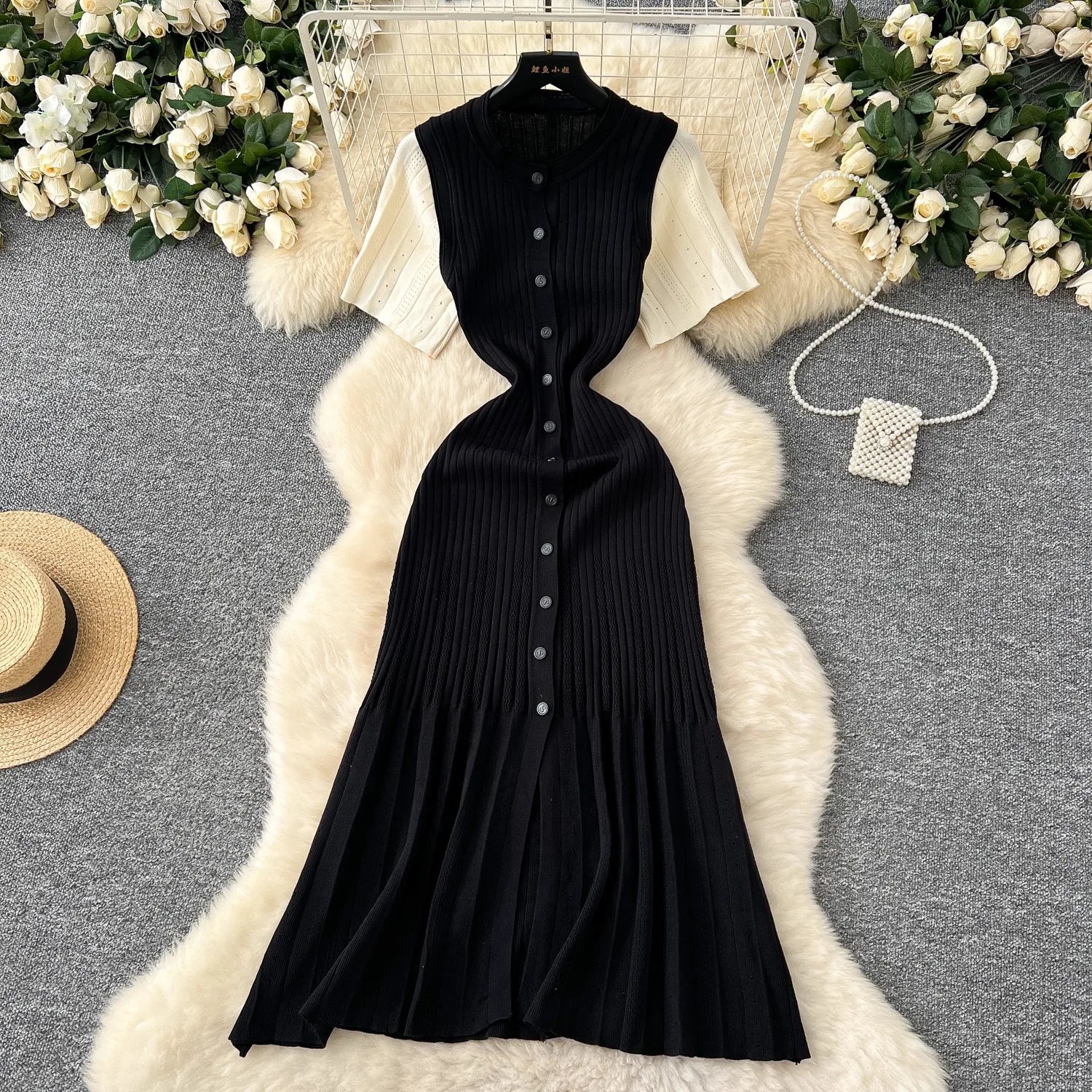 Vintage Inspired Turn Down Collar Knit Maxi Shirt Dress