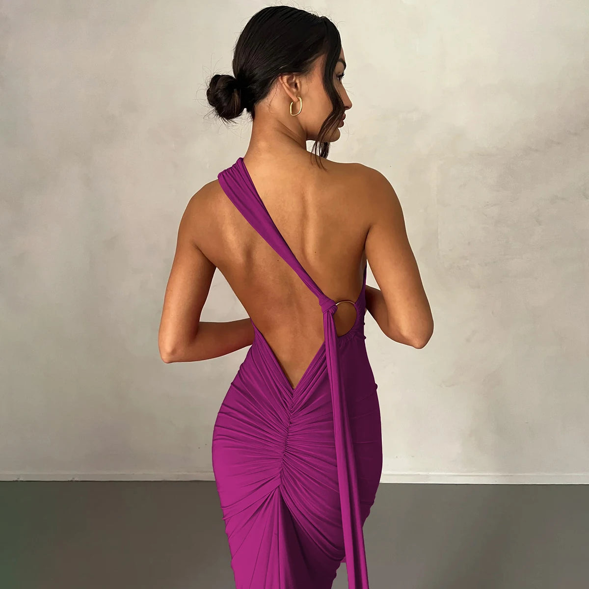 One Shoulder Backless Ruched Dress