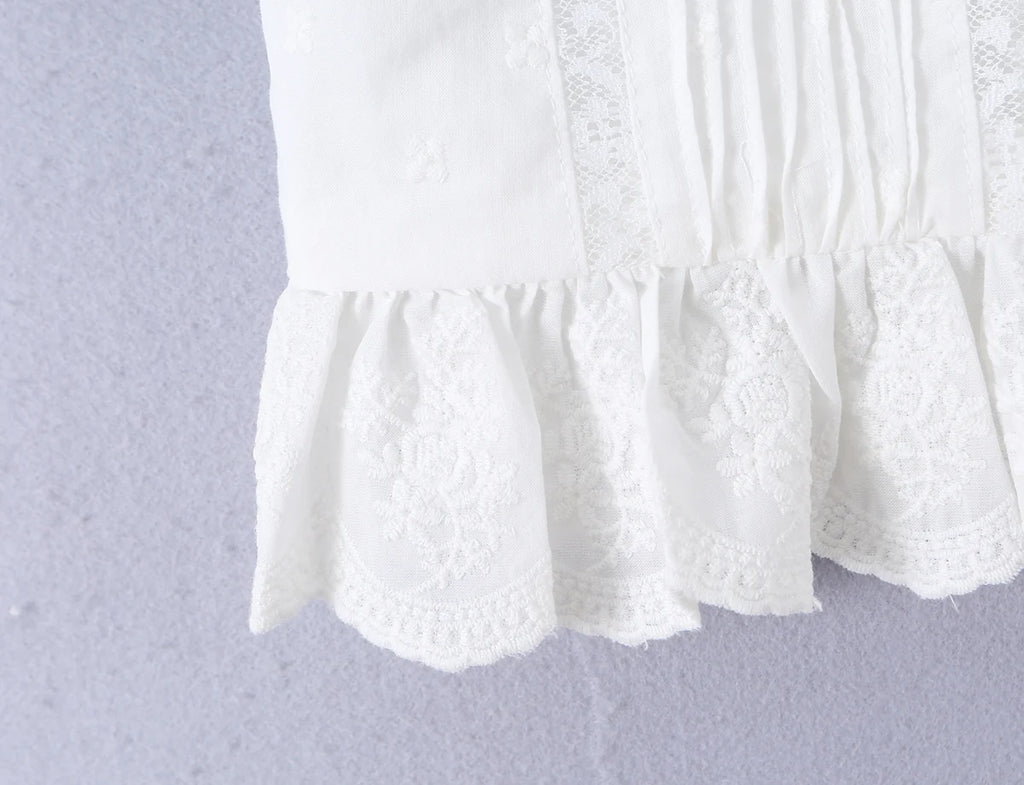 Sweet White Embroidered Floral Crop Shirt With V Neck Puff Sleeves And Ruffle Hem Slim Fit