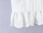 Sweet White Embroidered Floral Crop Shirt With V Neck Puff Sleeves And Ruffle Hem Slim Fit