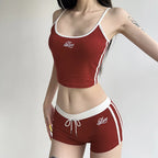 Embroidery Letter Contrast Set With Backless Camisole Top And Drawstring Elastic Shorts