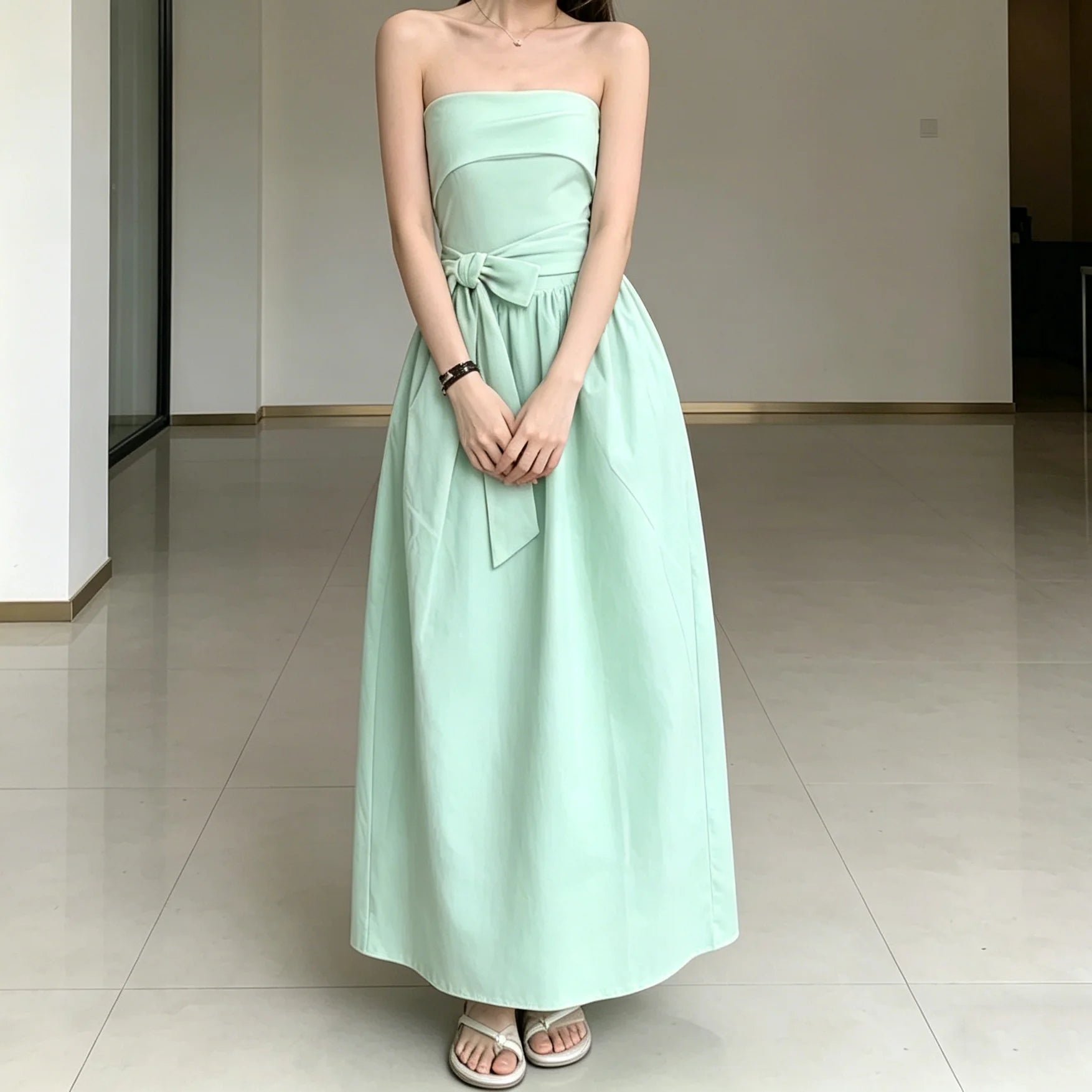 Strapless Bow Tie Maxi Dress With Cinched Waist Elegant Flowing A Line Gown