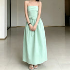 Strapless Bow Tie Maxi Dress With Cinched Waist Elegant Flowing A Line Gown