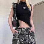 Crop Knit Vest With High Neck And Asymmetrical Hem