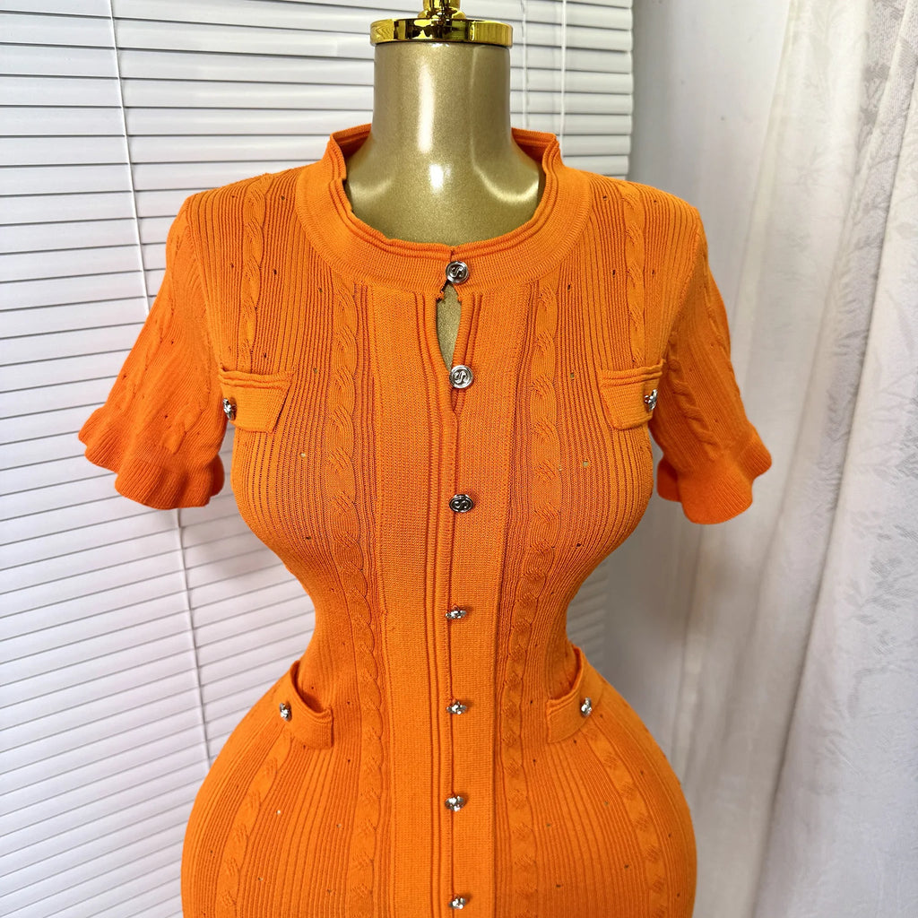 Knit Ribbed Bodycon Midi Dress With O Neck And Short Sleeves