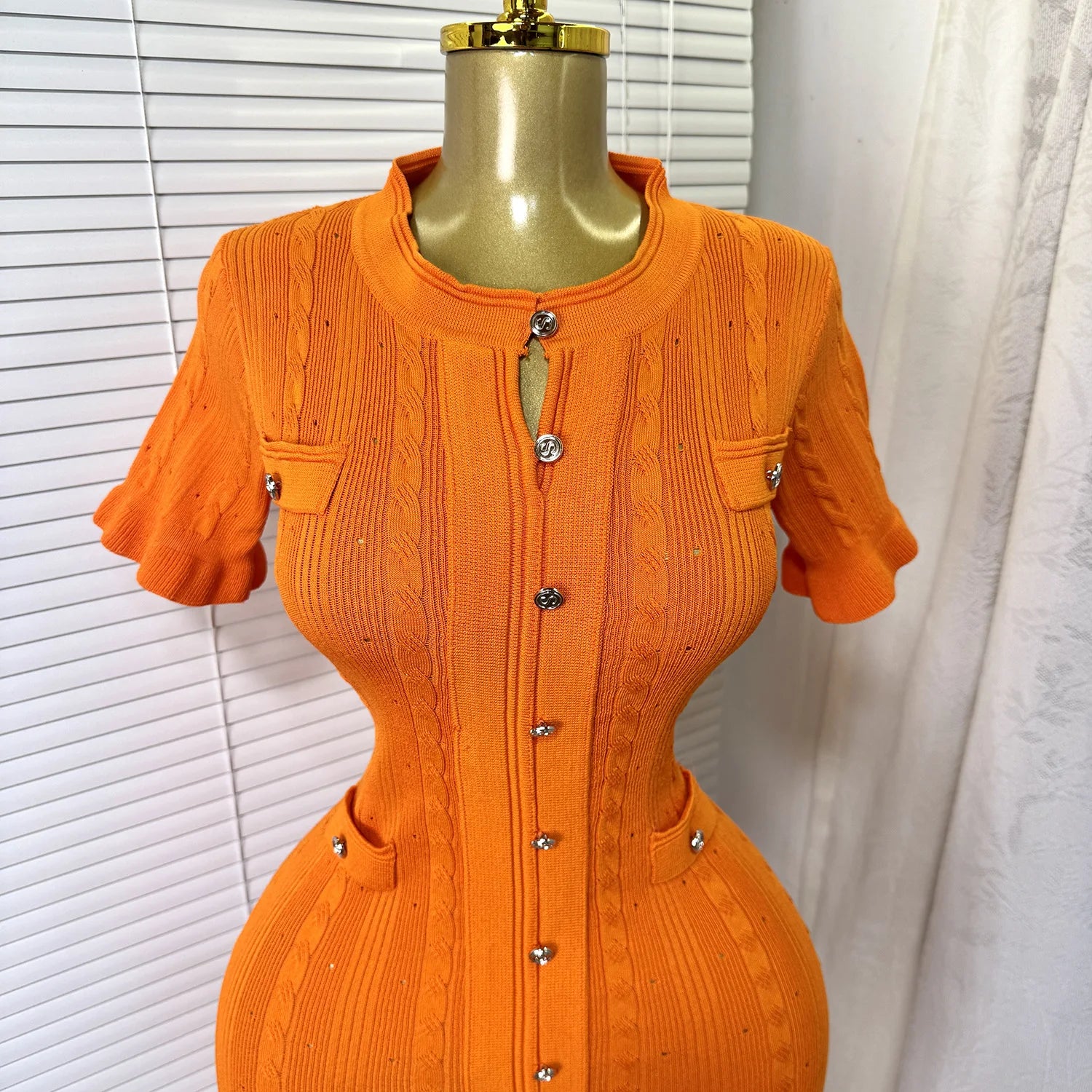 Knit Ribbed Bodycon Midi Dress With O Neck And Short Sleeves