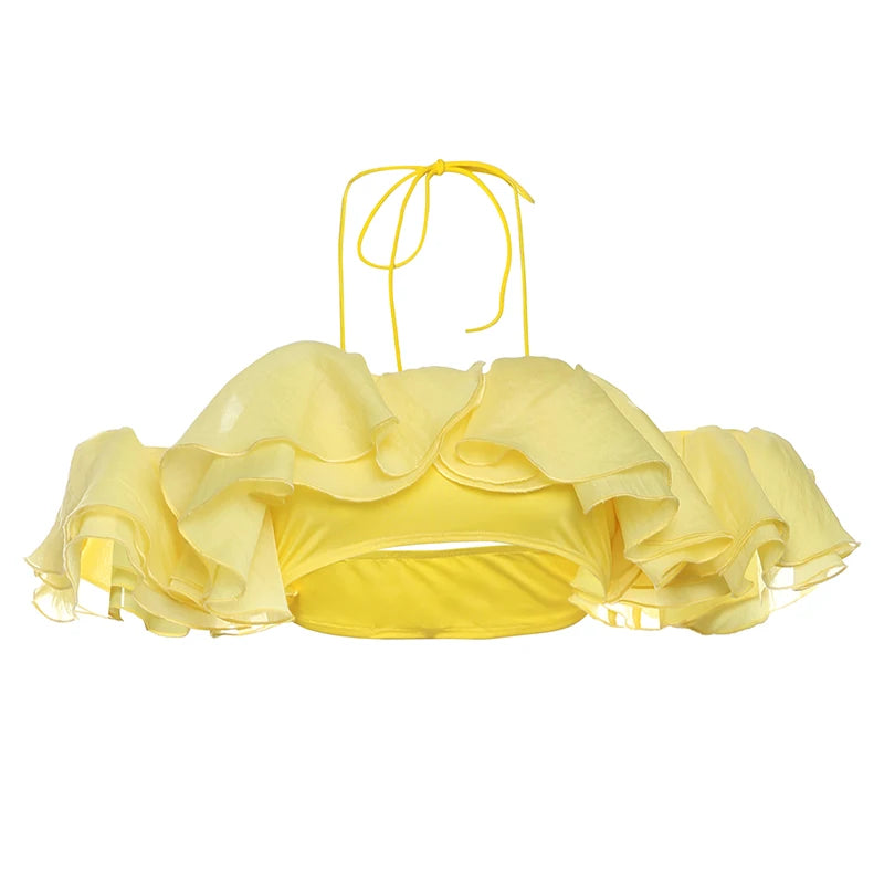 Elegant Y2K Sweet Style Ruched Tank Tops+Petal Sleeve Cover Women Lace-Up Halter
