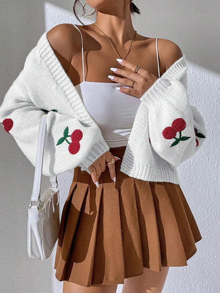 Cozy Cherry Embroidered Off Shoulder Cardigan For Women Loose Knit Jacket Sweater