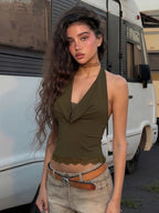Backless Halter Knit Tank With Lace Up Details And Swing Collar