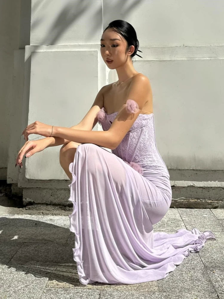 One Shoulder Floral Hollow Out Purple Maxi Dress