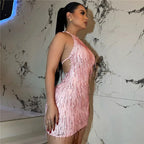 Gleaming Halter Neck Backless Sequin Tassel Party Dress