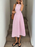 Slimming Vertical Stripe Sleeveless Dress With Elegant Flair