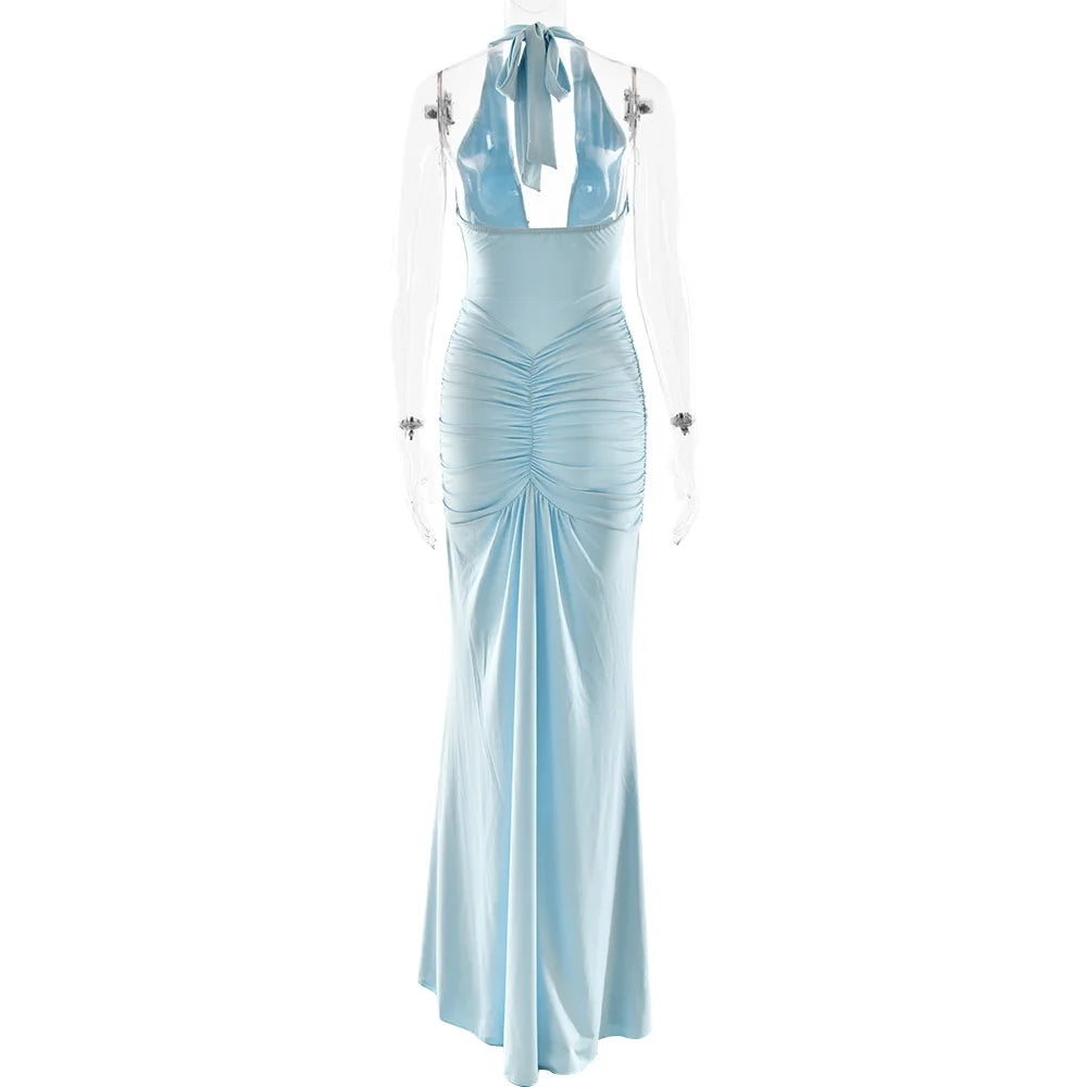 Deep V-Neck Backless Ruched Maxi Dress Halter Gown
