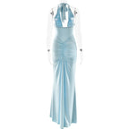 Deep V-Neck Backless Ruched Maxi Dress Halter Gown