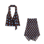 Blue Polka Dot Two Piece Set With Halter Top And Midi Skirt