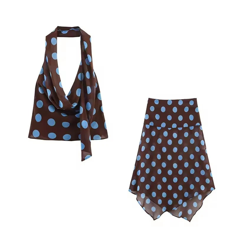 Blue Polka Dot Two Piece Set With Halter Top And Midi Skirt