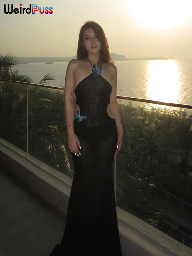 Sheer Halter Dress With Butterfly Appliques Hollow Ruffle Details Elegant Gown