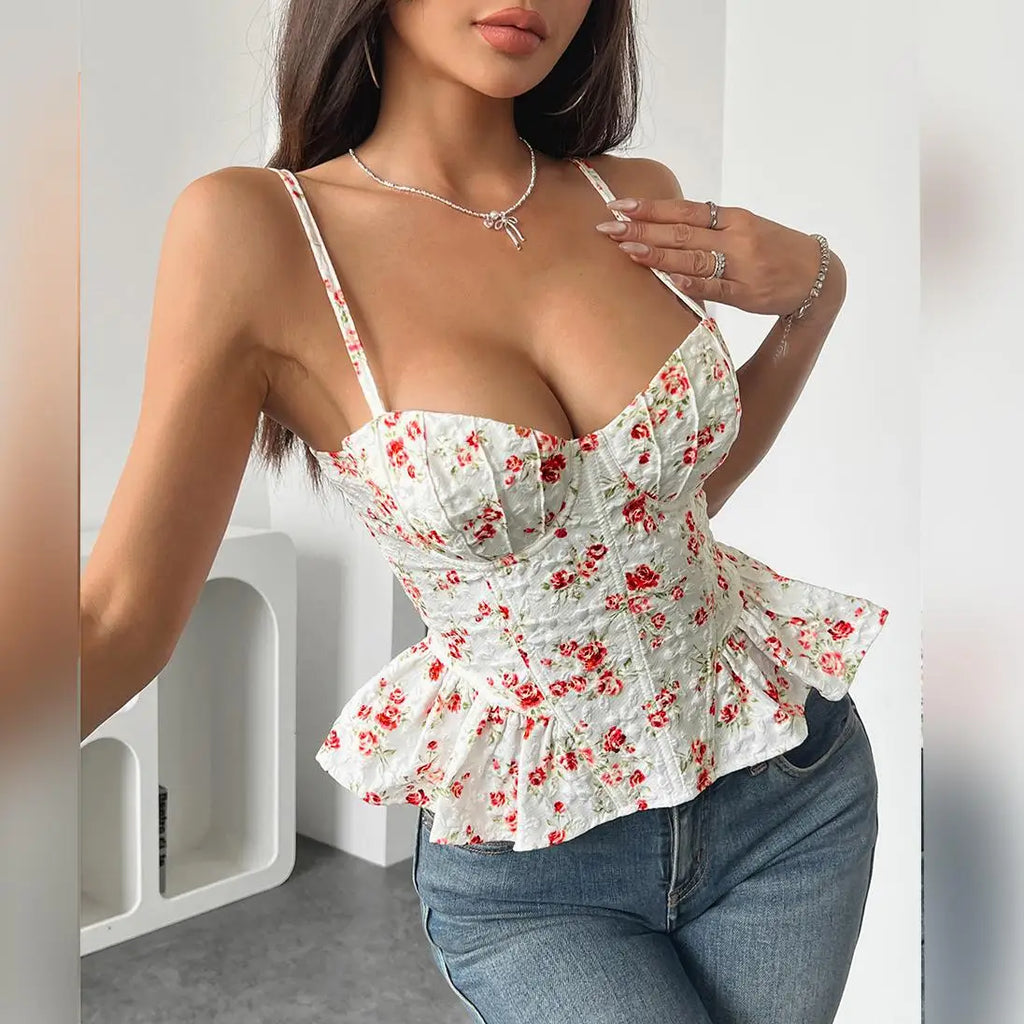 Floral Print Coquette Crop Corset Top With Spaghetti Straps And Ruffle Hem