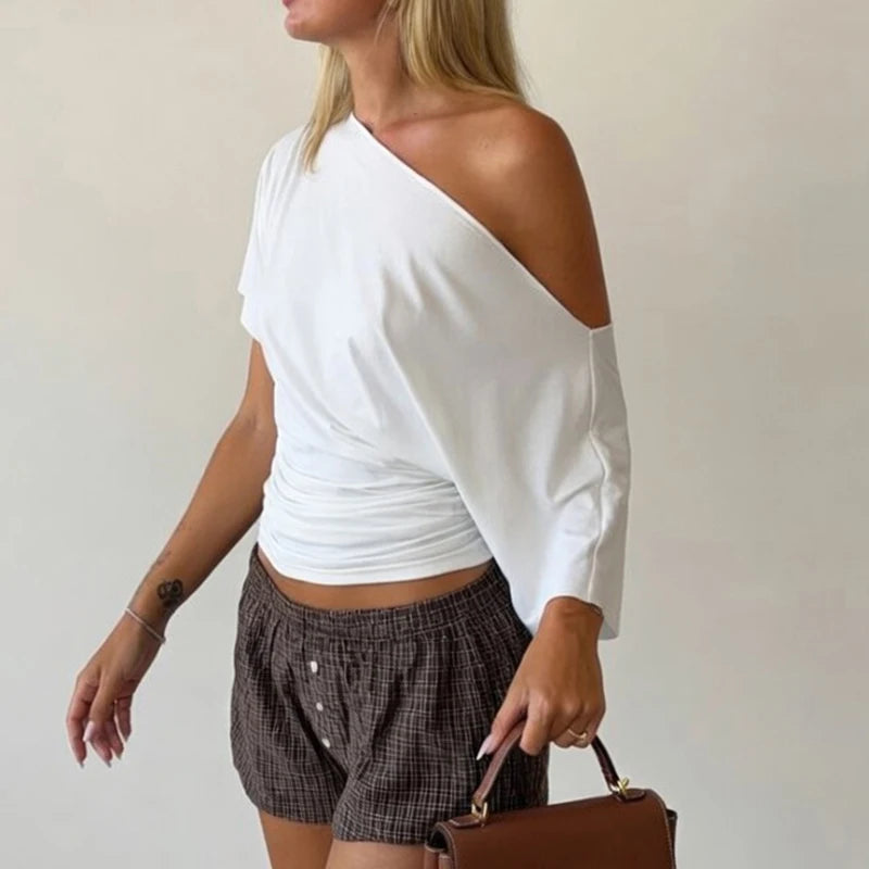 One Shoulder Crop Top For Women Short Sleeve