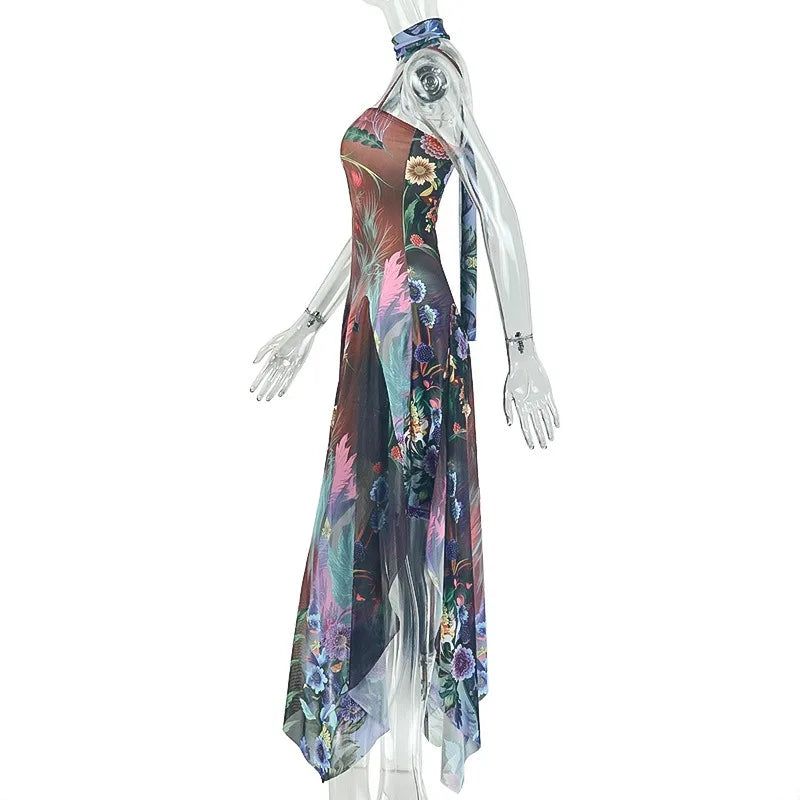 Floral Halter Maxi Set With Backless Design