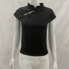 Ladies Blouse With Mandarin Collar Short Sleeve Crop Top Keyhole Frog Button Vintage Asymmetrical Design