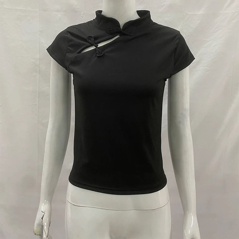 Ladies Blouse With Mandarin Collar Short Sleeve Crop Top Keyhole Frog Button Vintage Asymmetrical Design