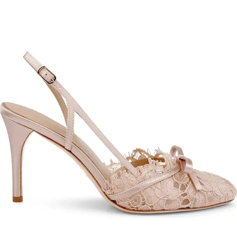 Butterfly Knot Lace Shingback Sandals With Buckle Strap Pointed Toe Slim Heels