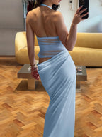Halter Backless Sheer Mesh Maxi Dress With Floral Embellishment