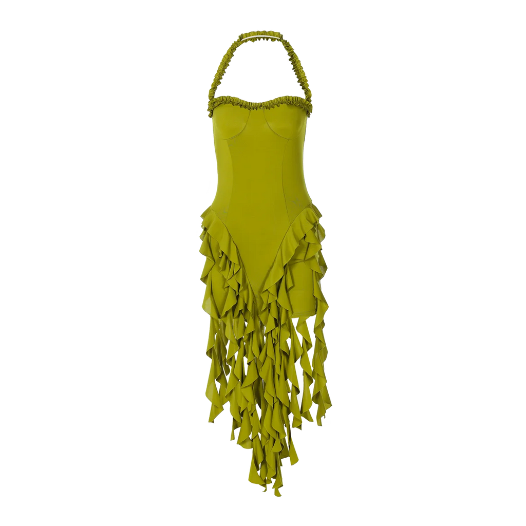 Elegant Halter Backless Ruffles Mini Dress Slim Fit With Tassel Detail