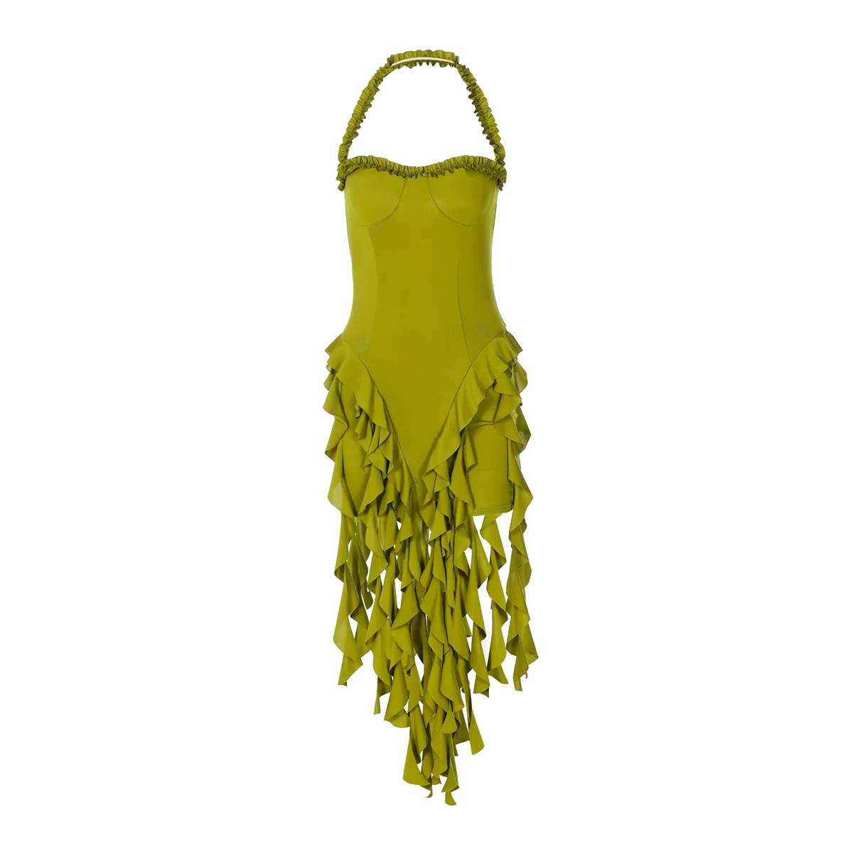 Elegant Halter Backless Ruffles Mini Dress Slim Fit With Tassel Detail