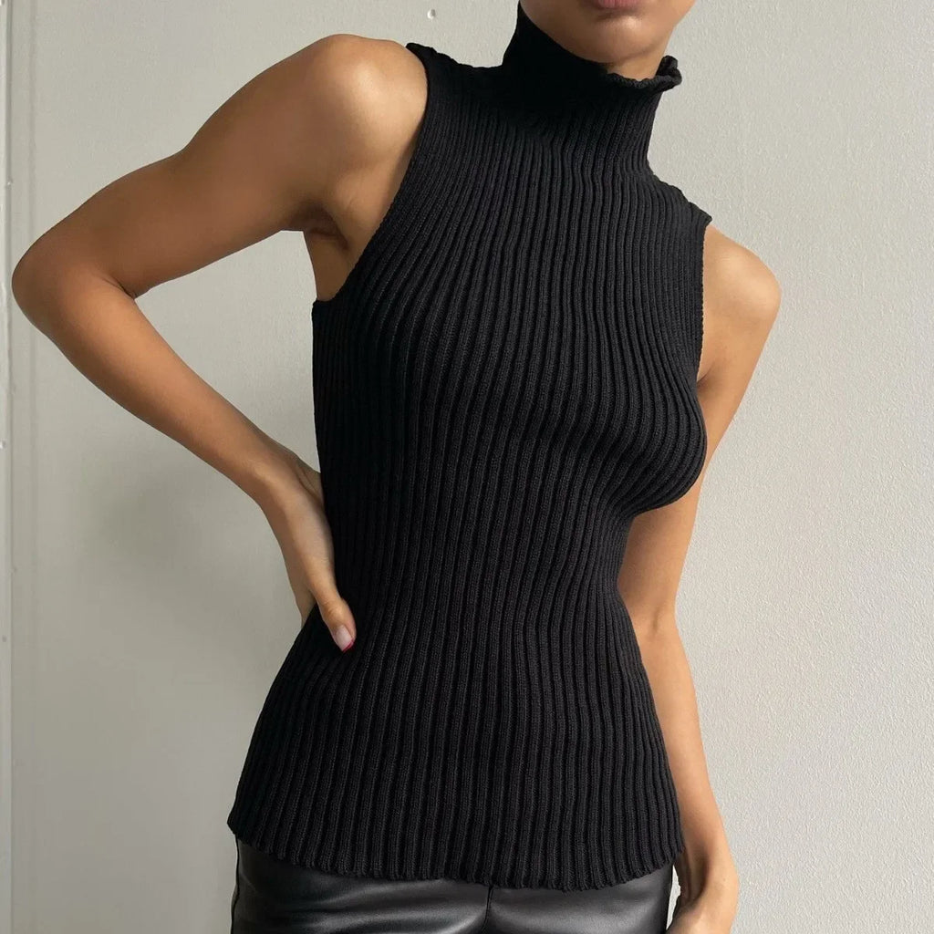 Women's Ribbed Turtleneck Knit Sleeveless Top