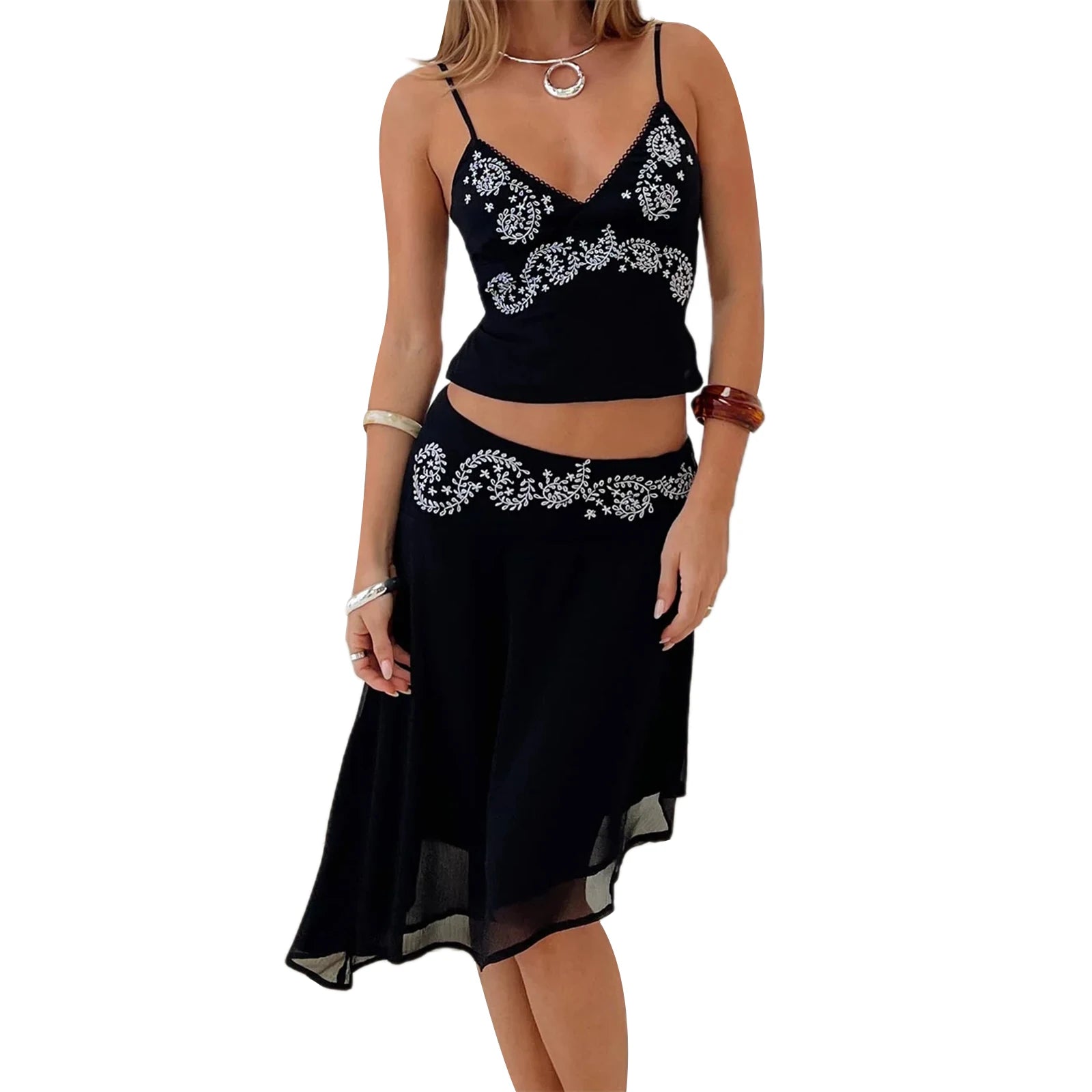 Chic Floral Two Piece Set With V Neck Cami Top And Asymmetrical Midi Skirt Lightweight Satin