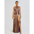 Off Shoulder Corset Halter Evening Gown With Slit