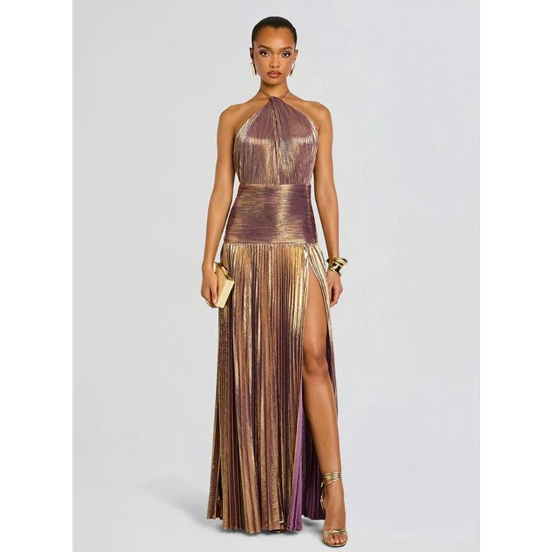 Off Shoulder Corset Halter Evening Gown With Slit