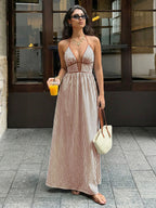 Sea Breeze Striped Deep V Beach Dress With Backless Sleeveless Maxi