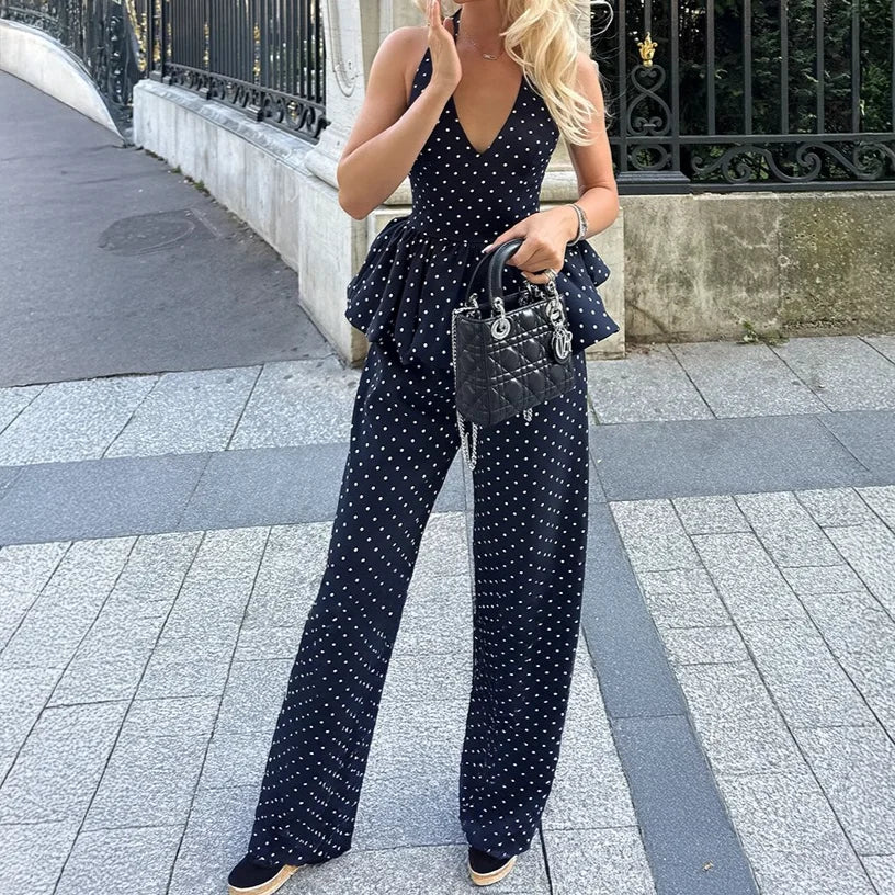 Dot Print Halter Top Set With Wide Leg Pants