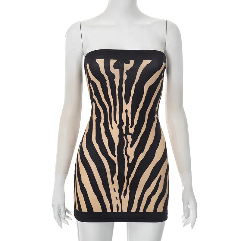 Backless Zebra Striped Strapless A Line Bodycon Mini Dress