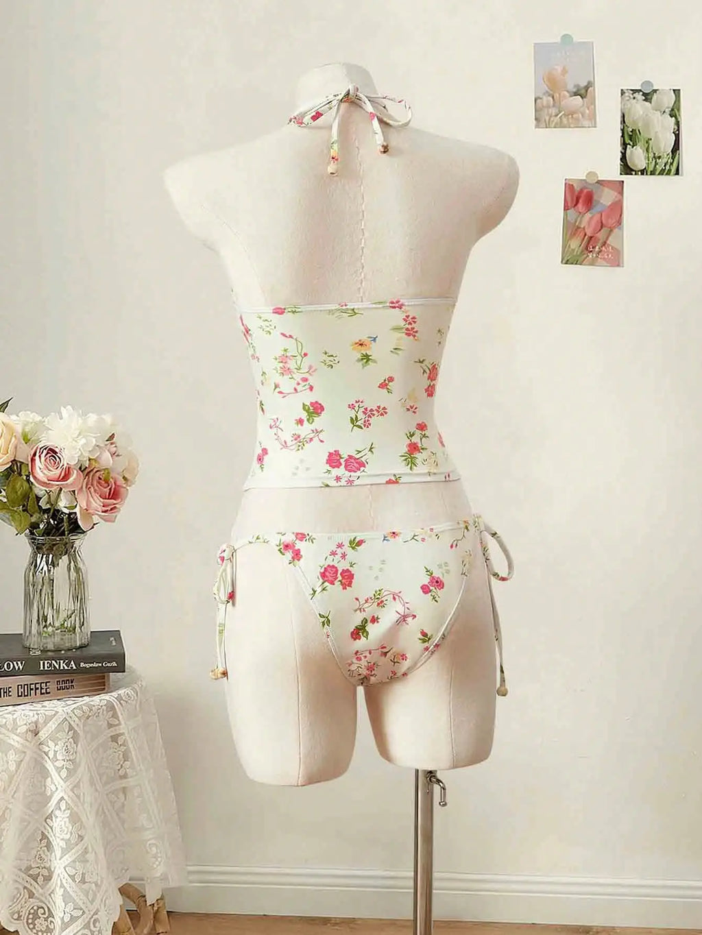 Floral Tankini Two Piece Swimsuit Halter Neck High Waist Backless Beachwear